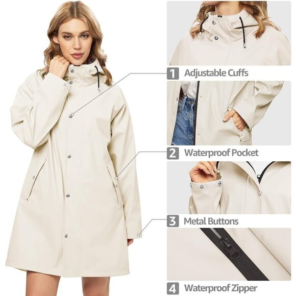 Women’s Upgrade-beige Waterproof Rain Jackets Hooded Long & Raincoat Windbreaker - Picture 4 of 5